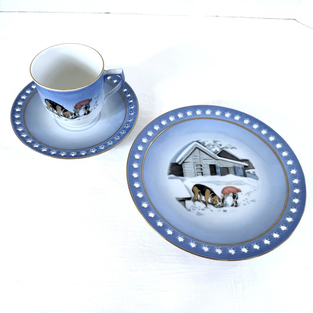 Royal Copenhagen Harald Wiberg 510 Cup Saucer Dessert Plate Pixie (Elf) Dog
